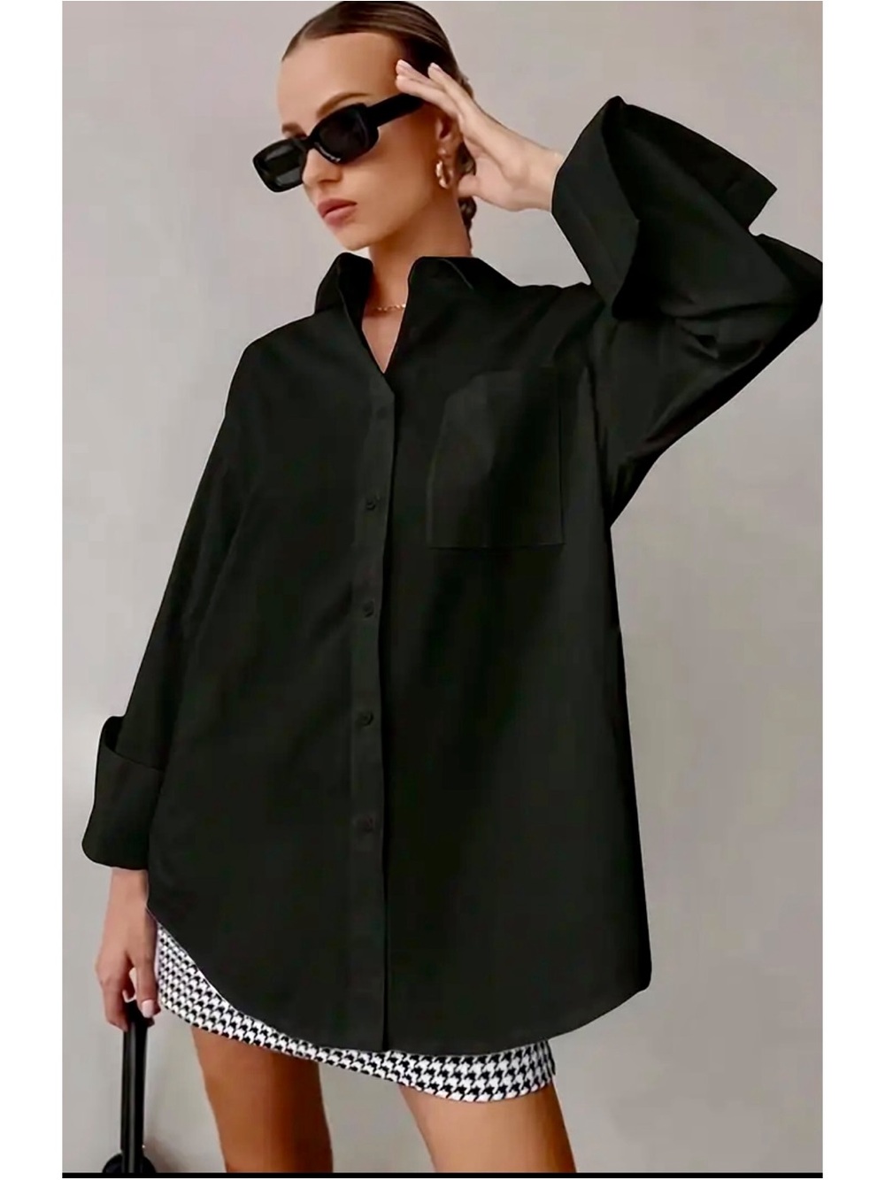 New Women's Oversize Button Down Long Sleeve Classic Shirt Blouse Black Medium